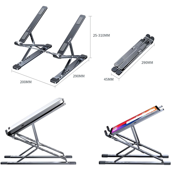 Laptopställ för Skrivbord, 9x7 Justerbara Nivåer, Lättviktigt & Portabelt för Resor (Grå) Grey