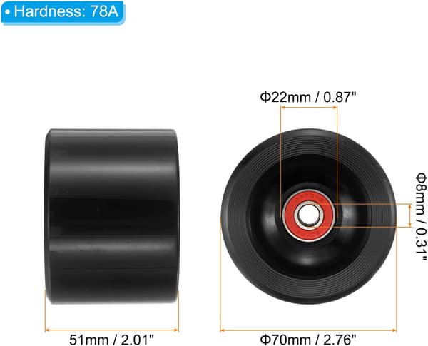 78A Longboard Hjul, med ABEC-9 Lejer, Bløde Cruiser Hjul, til Skateboards, Sort