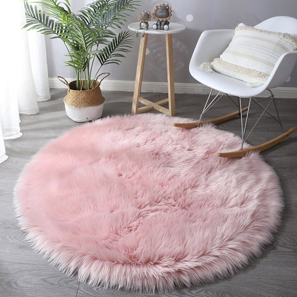 Rund matta i fuskpäls, Fårskinnsimitation, Mjuk golvmatta, för sovrum vardagsrum, Rosa - Diam 50 cm pink