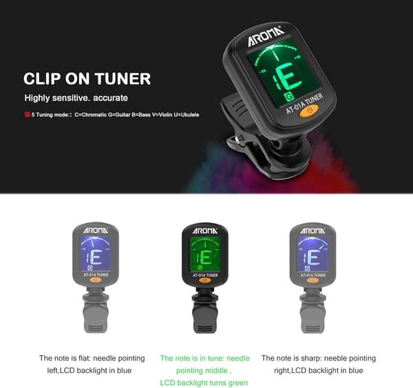 Gitarrstämmare 2-PACK, Clip On Stämmare för Gitarr/Bas/Violin/Ukulele, Automatisk Avstängning/Enknappsmanövrering/AT-01A/2 Set
