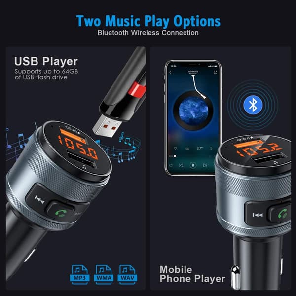 Bluetooth FM-sändare för bil, trådlös radiosändaradapter bilkit, dubbla USB-portar, QC3.0, stöder USB-minne musikuppspelning