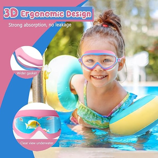 2-pack simglasögon för barn i åldern 3-16 år, Anti-im, Vattentäta, UV-skyddande linser, Kristallklar bred sikt, Rosa/Blå+Gul