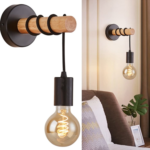 Vägglampa för inomhusbruk, retro industriell design, trä & metall, belysning för vardagsrum & sovrum, E27 sockel, för max 60W LED-lampa, Utan glödlampa, svart