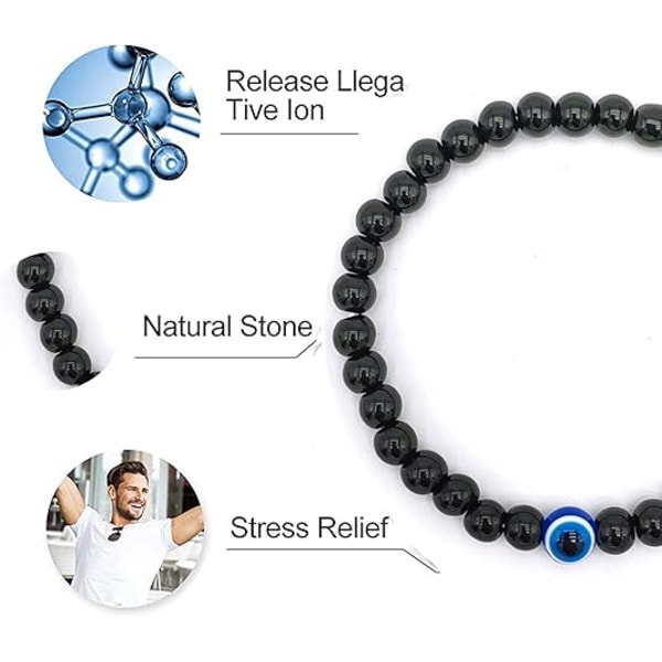 Onda ögat armband naturlig stretch justerbar 6mm pärlarmband för män - A03 svart agat black agate
