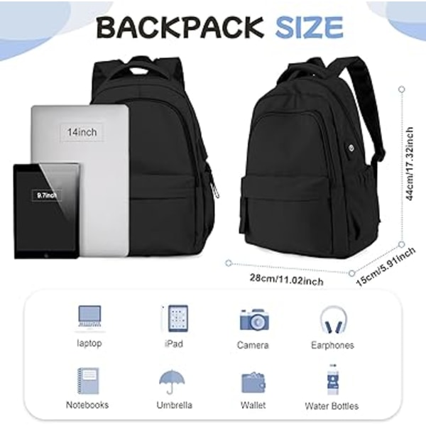 Skolryggsäck Dam Lättviktig Skolväska Casual Ryggsäck för College Laptop Ryggsäck för Män Kvinnor Vattenavvisande tonårsryggsäck Reseryggsäck.svart black