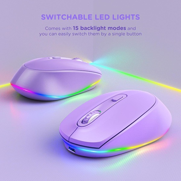Uppladdningsbar trådlös mus med ljus för laptop, liten mus med tyst klick och regnbågs LED-lampor, Lila purple