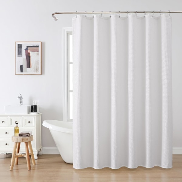 Duschdraperi för badrum med metallkrokar, våffelvävt tygduschdraperi, slitstarkt för våtrum, viktad fåll, vattentätt - 180x180 cm (Vit) White