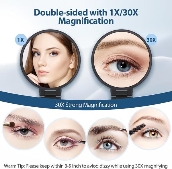 Dobbeltsidet makeup-spejl (1X/30X), foldbart og bærbart, praktisk til præcis makeup-påføring når som helst, hvor som helst - mat sort Black