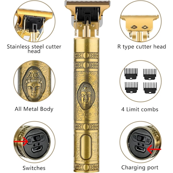Hårklippare för män 4-delars Limited Edition-kam, elektrisk skäggtrimmer med vattentätt T-blad, USB-laddare (Guld)