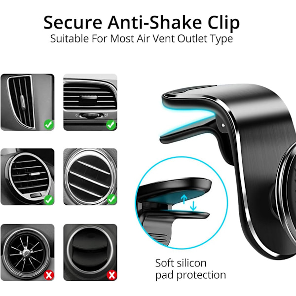 Mobilhållare för bil, Magnetisk bilhållare för luftventil - 360° Rotation med 5 starka magneter, för iPhone 14 13 Pro Max Huawei ect, Svart