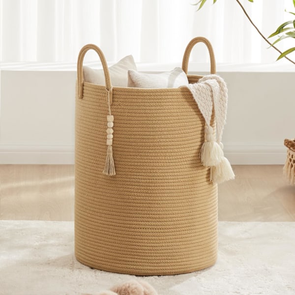 Bomullsrepskorg, vävd förvaringskorg, leksaksförvaringsorganisatör, tvättkorg för barnrumsinredning, med handtag, brun, 38 cm (D) x 50 cm (H)