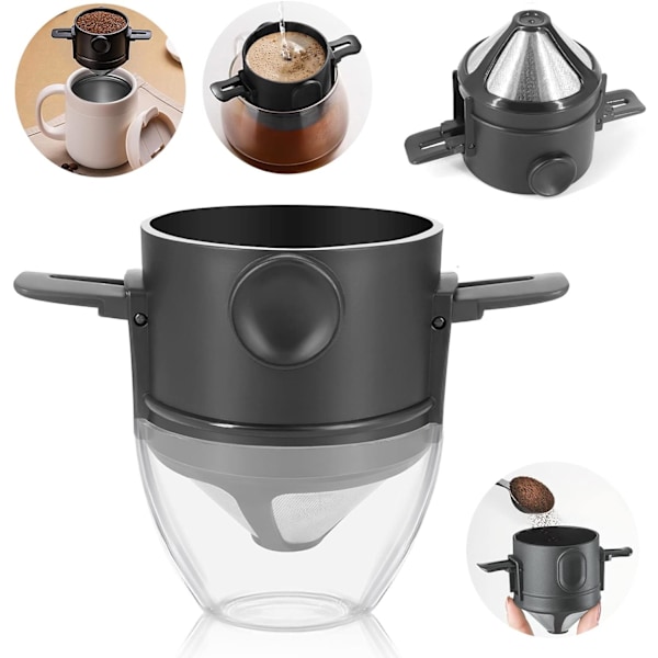 Papperslös Filter Kaffebryggare med Ställ, Manuell, Återanvändbar, Dubbelt Rostfritt Stålfilter, för 1 eller 2 Koppar