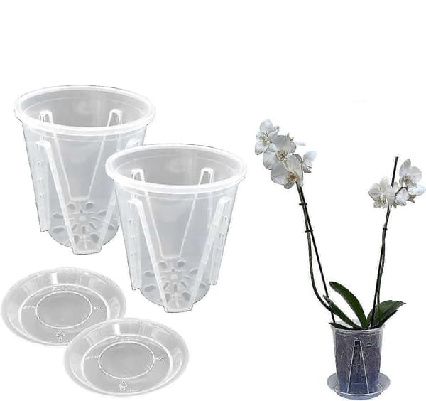 Sæt med 2 potter Diameter 14 cm i gennemsigtig plast til orkideer, stive vaser med drænhuller og underskåle