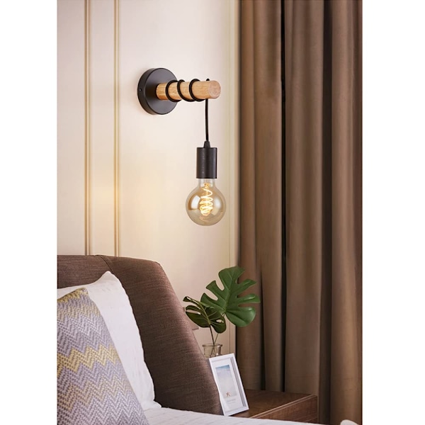 Vägglampa för inomhusbruk, retro industriell design, trä & metall, belysning för vardagsrum & sovrum, E27 sockel, för max 60W LED-lampa, Utan glödlampa, svart