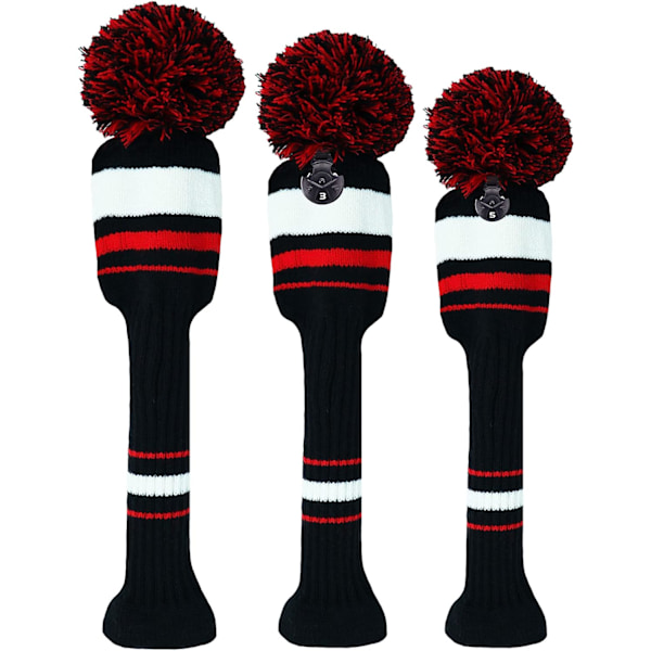 3-pack Pom Golf Head Covers för Woods 1 3 5 Driver Fairway Hybrider, med Nummeretikett, Stickade Golf Head Covers, Marinblå 135