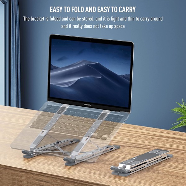 Laptopställ för Skrivbord, 9x7 Justerbara Nivåer, Lättviktigt & Portabelt för Resor (Silver) Silver