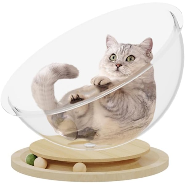 Rymdkapsel Kattsäng, Inomhus Katbo med Spårningsbollar, Massivt Trästativ, Stabil Katbo, Transparent Katthus (Transparent, L)