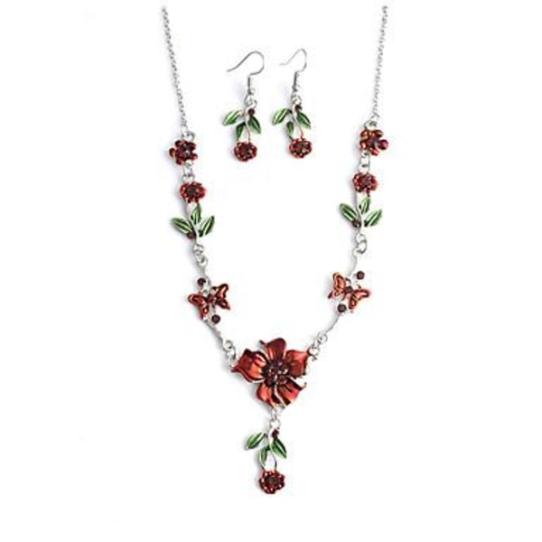 Smyckeset - Röda blommor. Örhängen och halsband