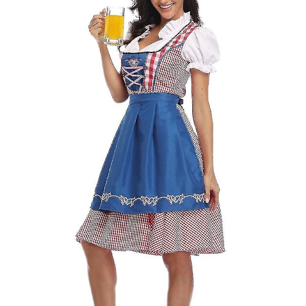 Oktoberfest Kostume til Kvinder - Voksen Dirndl Tysk Traditionel Bayersk Øl Karneval Fraulein Cosplay Pigekjole Outfit-Xin Blue XL