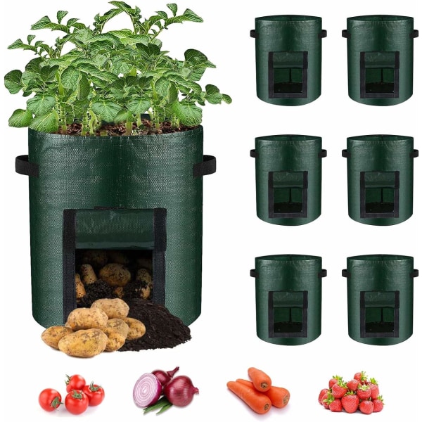6 stk. Kartoffeldyrkningsposer, Dyrkningsposer Haveplanterposer med Klapvindue og Håndtag, Grøntsagsdyrkningsposer til Kartoffel, Løg, Tomat, Gulerod-Xin 10 Gallon