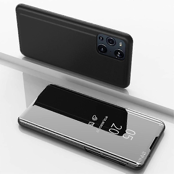 Belagt Spejl Overflade Visningsvindue Læder Telefon Cover Stativ til Oppo Find X3/x3 Pro - Sort-Xin Black