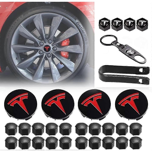 Aero Hjulkoppsett, hjulmutterdeksler Model 3 Hjulkoppsett med Tesla Logo Nav Senterdeksel Mutterdeksler for Tesla Model 3 Model Y (svart)-Xin Red 30Pcs