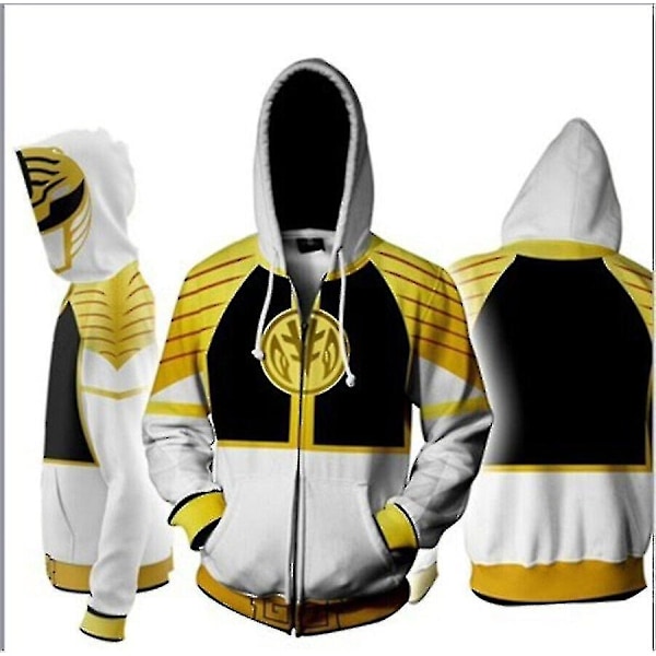 Power Rangers Sweatshirt med Blixtlås, 3D-tryckt Huvtröja, Cosplay-Kostym, Unisex-Xin White yellow 2XL