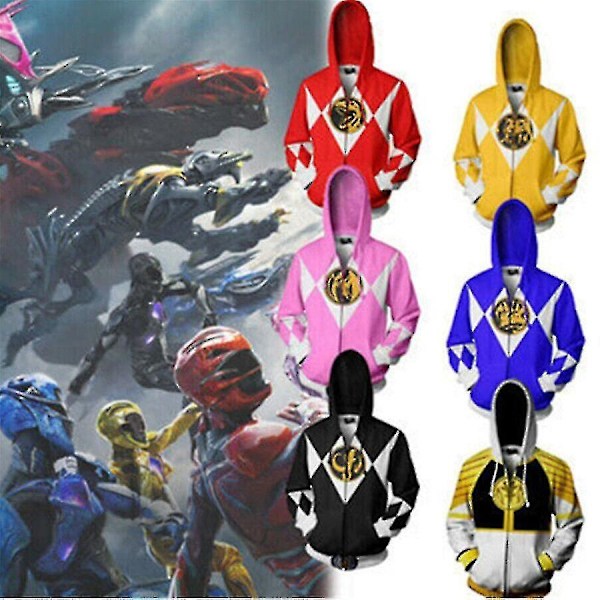 Power Rangers Sweatshirt med lynlås 3D-trykt hættetrøje Cosplay Kostume Unisex-Xin Red M