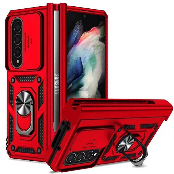 Armor Skal Kompatibelt med Galaxy Z Fold 4, Hårt PC Stötsäkert Skal med Metallringhållare & S Pen Hållare-Xin Red