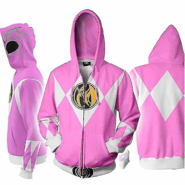 Power Rangers Sweatshirt med Blixtlås, 3D-tryckt Huvtröja, Cosplay-Kostym, Unisex-Xin Pink 3XL