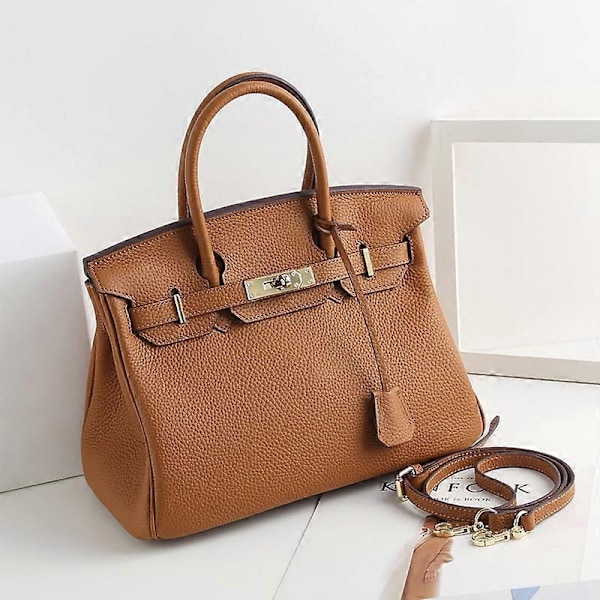 Khaki (naturfarvet) 30cm ægte læder håndtaske første lag ko læder tote taske pendler messenger taske-Xin Khaki (natural color line) 30cm