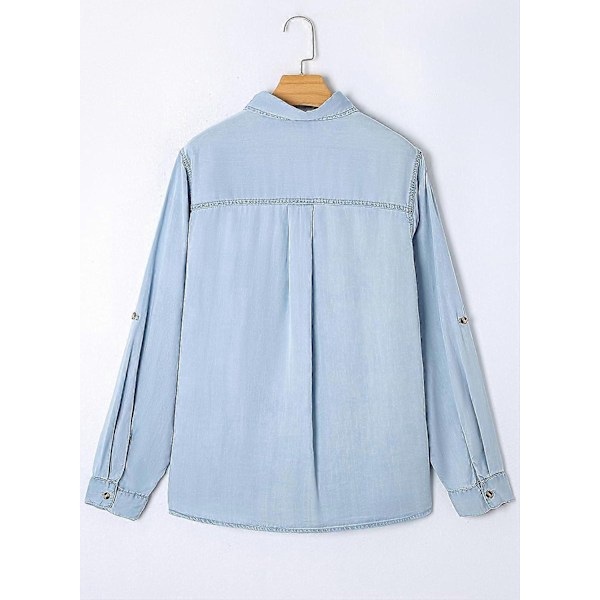 Dam Denimskjorta med Knappar Ledig Långärmad V-ringad Chambray Blus Topp-Xin Beau Blue Medium