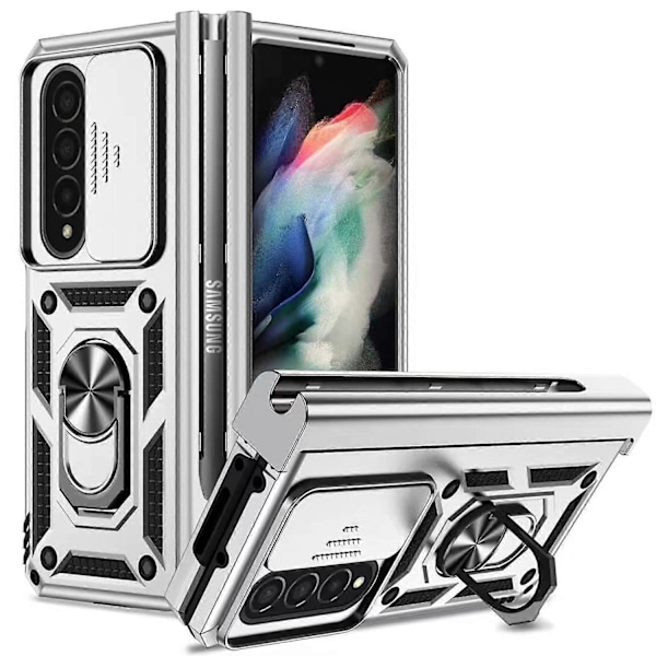 Armor Skal Kompatibelt med Galaxy Z Fold 4, Hårt PC Stötsäkert Skal med Metallringhållare & S Pen Hållare-Xin Silver