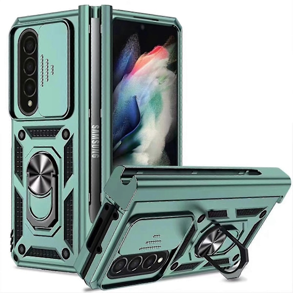 Armor Skal Kompatibelt med Galaxy Z Fold 4, Hårt PC Stötsäkert Skal med Metallringhållare & S Pen Hållare-Xin Green
