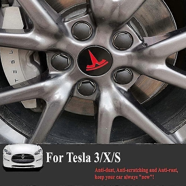 Aero Hjulkoppsett, hjulmutterdeksler Model 3 Hjulkoppsett med Tesla Logo Nav Senterdeksel Mutterdeksler for Tesla Model 3 Model Y (svart)-Xin Red