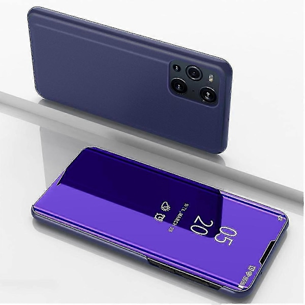 Belagt Spejl Overflade Visningsvindue Læder Telefon Cover Stativ til Oppo Find X3/x3 Pro - Sort-Xin Dark Blue