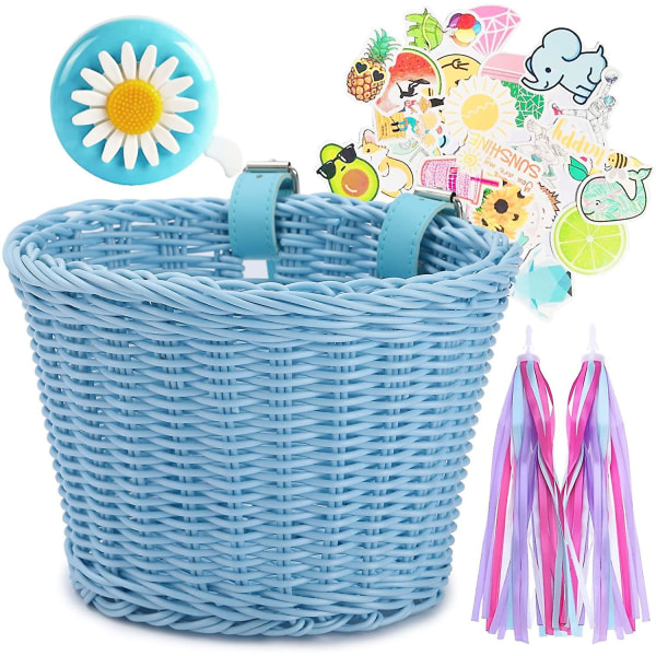 Children's Bicycle Basket Front Woven Wicker Bicycle Basket With Handlebar Streamers-XIN Blue