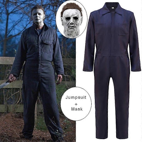 2024 Michael Myers Kostyme Maske Cosplay Halloween Jumpsuit Antrekk Horror Blodig Morder Rekvisitter Karneval Party Kostyme for Voksne Menn-Xin Jumpsuit XXXL