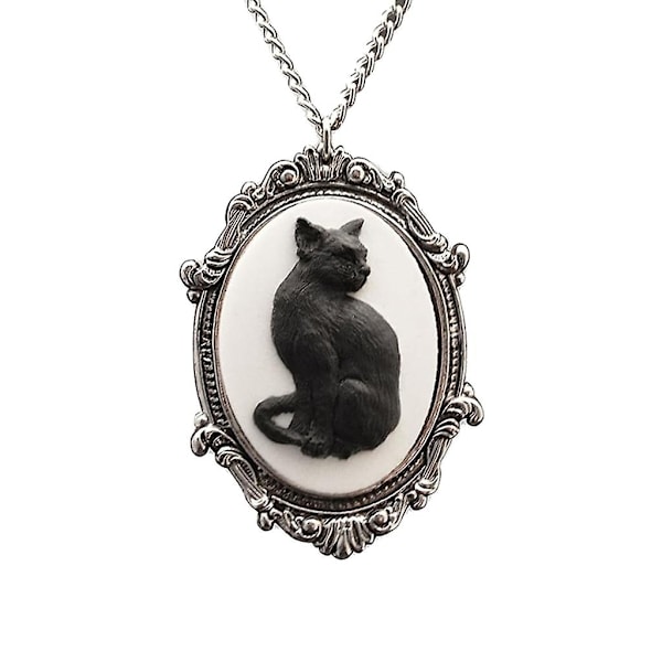 Gotisk Oval-Ram Hängsmycke Halsband Unikt Svart Katt Kameo Halsband-Mystisk-Xin Silver