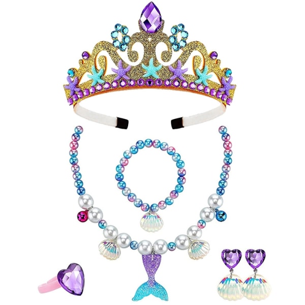 Kids Birthday Party Headband Pearl Necklace Bracelet Ring Ear Clip Set Mermaid Theme Party Dress Up-Xin