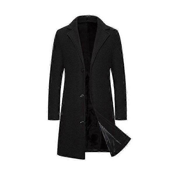 Mænds trenchcoat med revers, enkeltknappet, lang peacoat jakke - Xin BLACK M