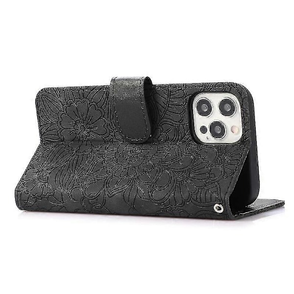 Kompatibel med Iphone 12 Skin Feel Präglad Solros Horisontell Flip Läderfodral med Hållare & Kortfack & Plånbok & Snodd-xindaren Black