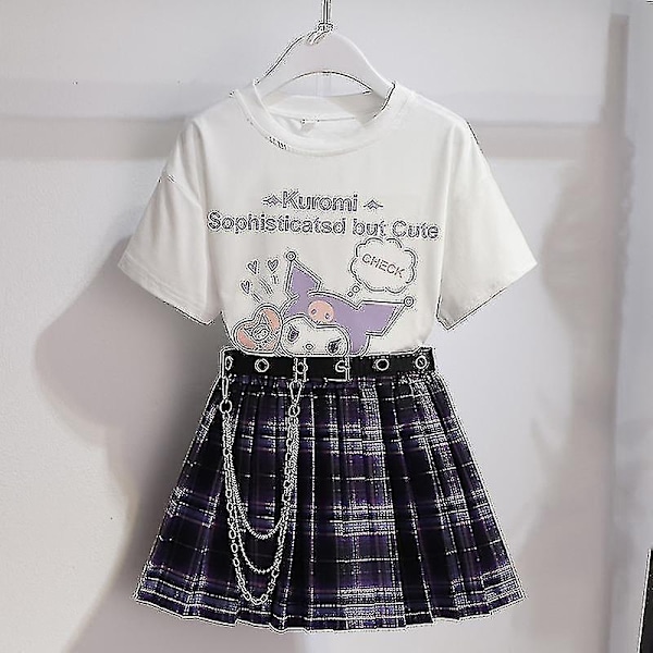 Sanrios tegneserie kawaii pige hvid T-shirt sæt Kuromi sød sommer kortærmet college JK uniform nederdel børns mode nederdel Kuromi1-Xin Kuromi1 130cm