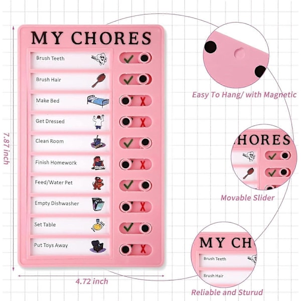 Lasten Kotitehtävätaulu - Minun Kotitehtävärutiini - Tyhjä Muovinen Tarkastustaulu 2 Irrotettavalla Korttipaperilla ja 4 Magneetti-Xin Pink My Chores