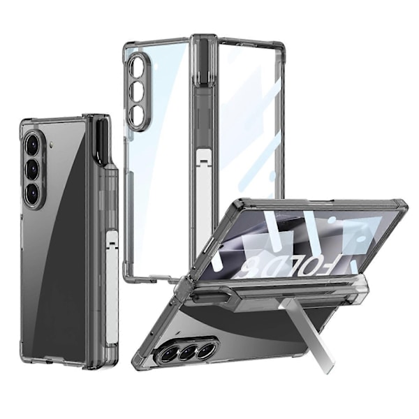 Z Fold 6 Genomskinligt Skal med Ställ & Pennhållare, Z Fold 6 Skal i Ett Stycke med Gångjärnsskydd, Inbyggt Skärmskydd, Slim PC Galaxy-Xin transparent black