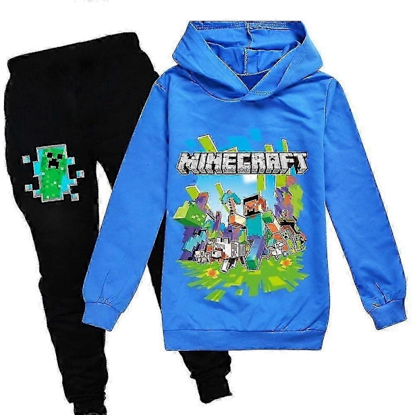 Minecraft Trykk Barne Treningsdress Sett Sport Fritids Hettegenser Bukser Antrekk-xindaren Blue 11-12 Years