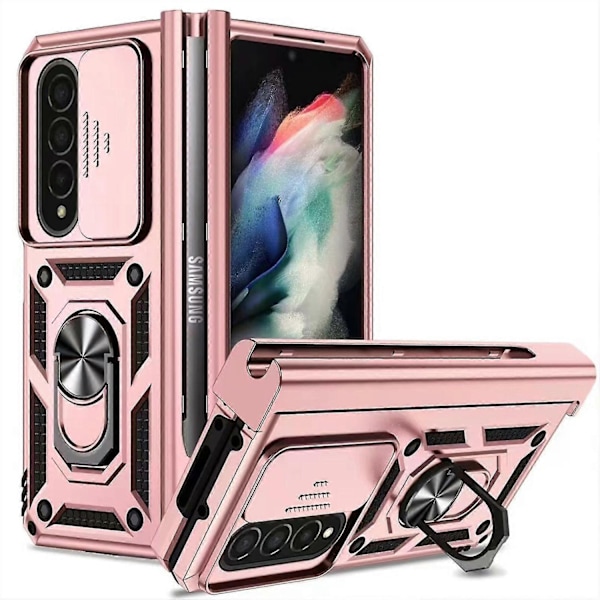 Armor Cover Kompatibel med Galaxy Z Fold 4, Hård PC Stødsikker Cover med Metal Ring Holder & S Pen Holder-Xin Rose Gold