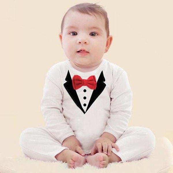 Spædbarnsdreng Formel Dragt Tuxedo Romper Bryllup Fest Jumpsuit Tøj-Xin White Suit With Red Bow Tie 6-12 M