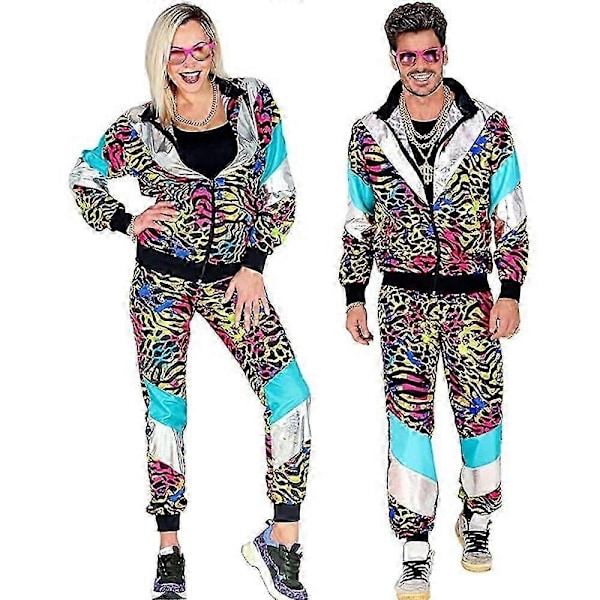 Mænd Kvinder 80'er 90'er Hip Hop Windbreaker Disco Jakke Bukser Retro Træningssæt-Xin Leopard Print 2XL