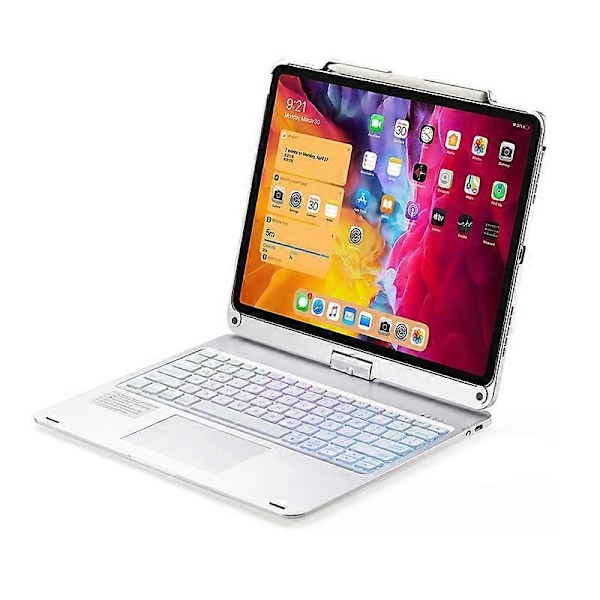 Kompatibel med iPad Pro 12.9 tum 2022/2021/2020/2018 Tablet Bluetooth tangentbord med pekfunktion, bakgrundsbelysning och 360 graders rotation - xindaren Silver